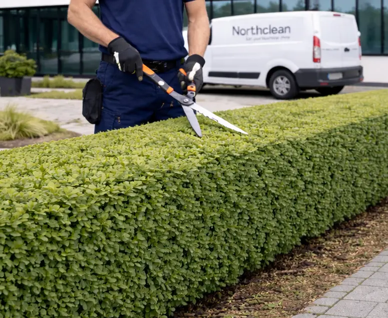 Medarbetare från Northclean utför häcktrimning inom professionell grönyteskötsel vid företagsfastighet